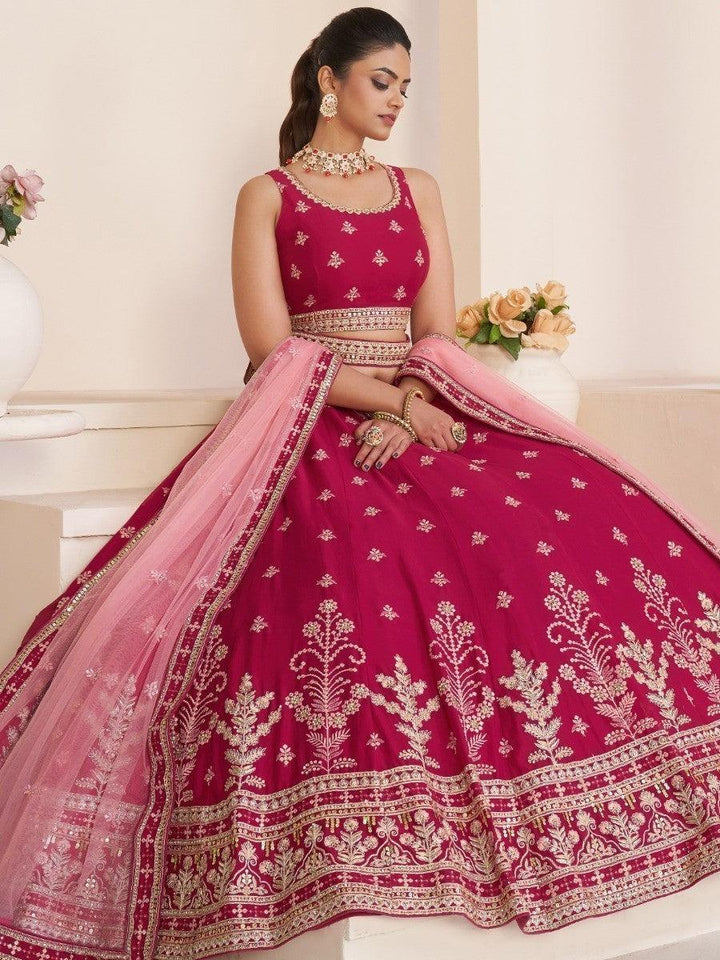 Bright Pink Party Wear Lehenga Choli | Elegant Beige Dori Work Dupatta Set