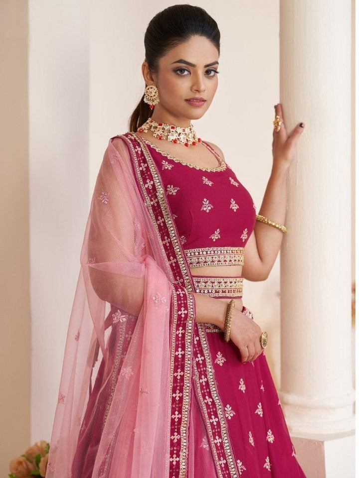 Bright Pink Party Wear Lehenga Choli | Elegant Beige Dori Work Dupatta Set