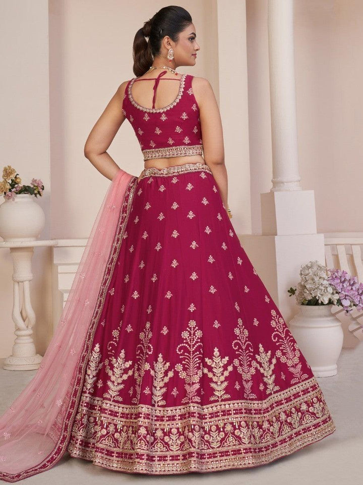 Bright Pink Party Wear Lehenga Choli | Elegant Beige Dori Work Dupatta Set