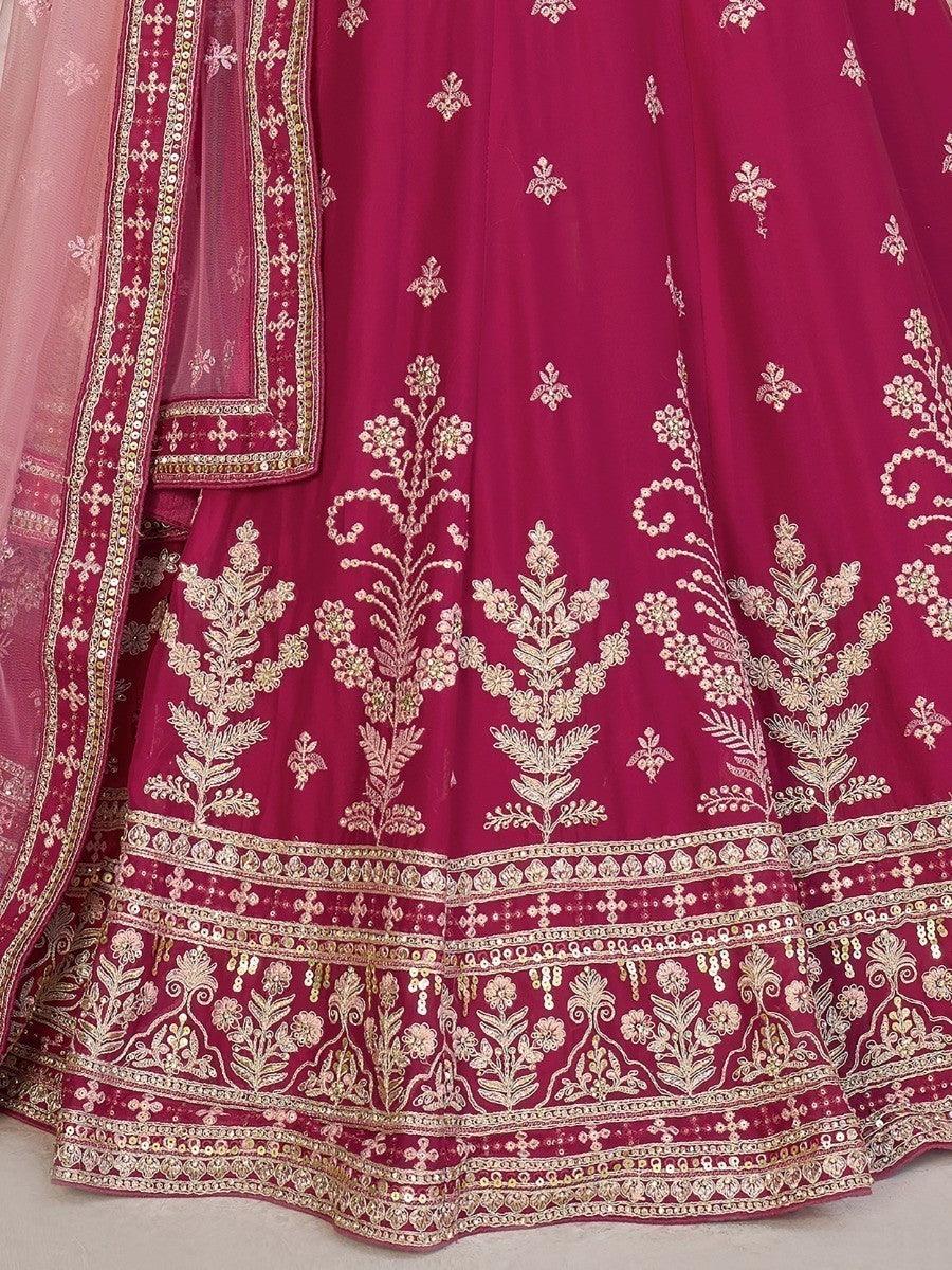 Bright Pink Party Wear Lehenga Choli | Elegant Beige Dori Work Dupatta Set
