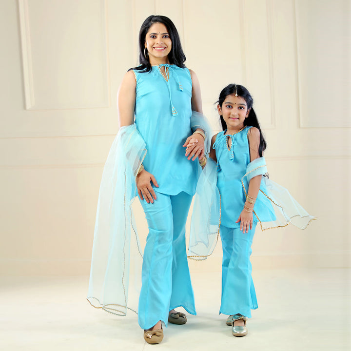 Aqua Blue Mother and Daughter Matching Hanna Sharara Suit Set