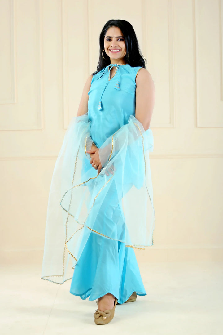 Aqua Blue Mother and Daughter Matching Hanna Sharara Suit Set