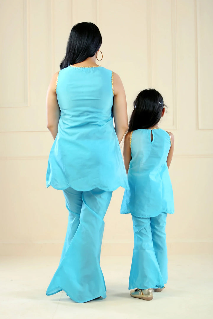 Aqua Blue Mother and Daughter Matching Hanna Sharara Suit Set