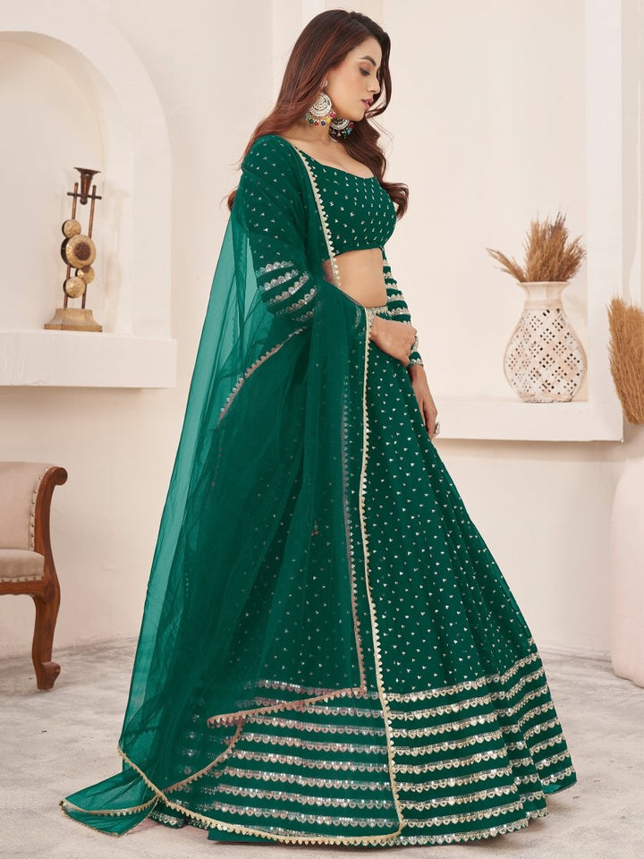 Beautiful Green Lehenga | Zari & Sequin Work with Matching Dupatta - ZCL - ACL3 - 5074 - TEAL - GREEN - Semi Stitched - YPOD