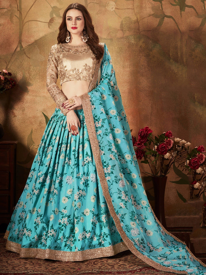 Sky Blue Lehenga Choli Set | Sabyasachi Floral Print & Embroidery