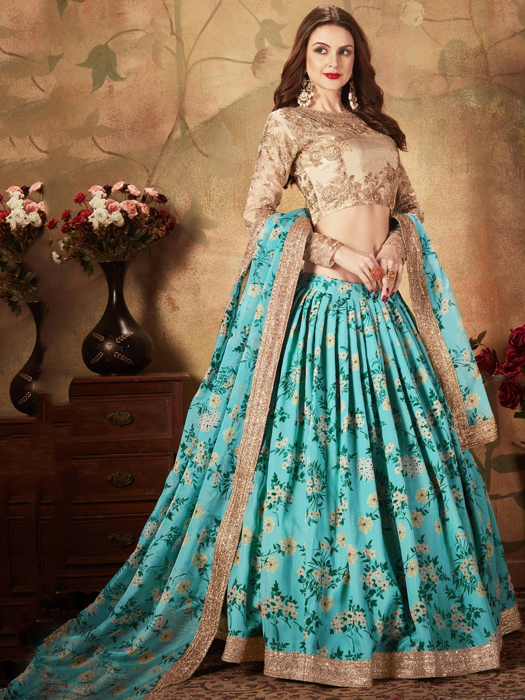 Sky Blue Lehenga Choli Set | Sabyasachi Floral Print & Embroidery