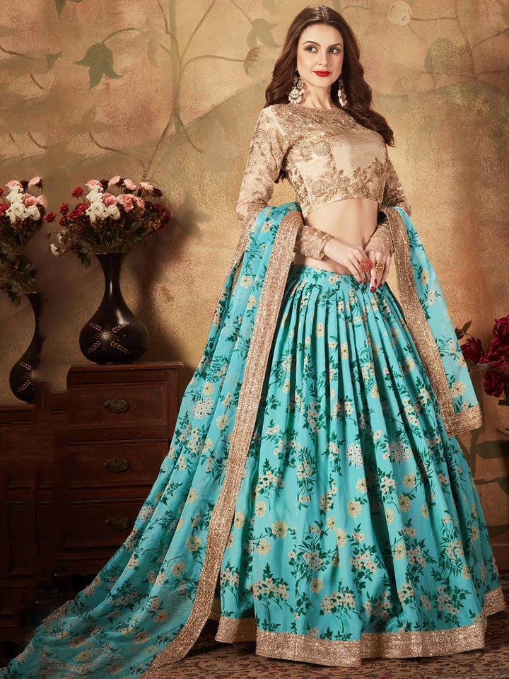 Sky Blue Lehenga Choli Set | Sabyasachi Floral Print & Embroidery