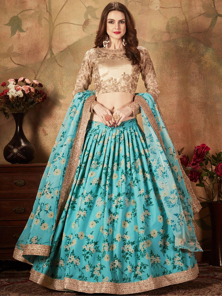 Sky Blue Lehenga Choli Set | Sabyasachi Floral Print & Embroidery