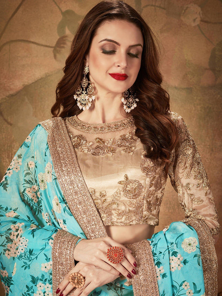 Sky Blue Lehenga Choli Set | Sabyasachi Floral Print & Embroidery
