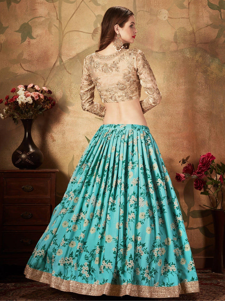Sky Blue Lehenga Choli Set | Sabyasachi Floral Print & Embroidery