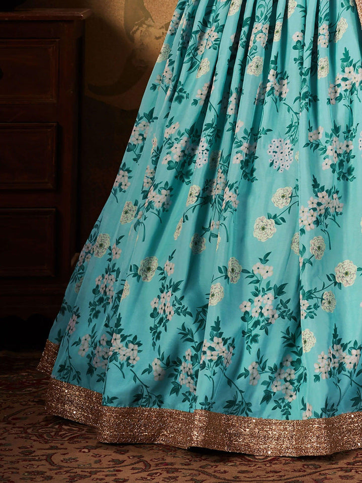 Sky Blue Lehenga Choli Set | Sabyasachi Floral Print & Embroidery