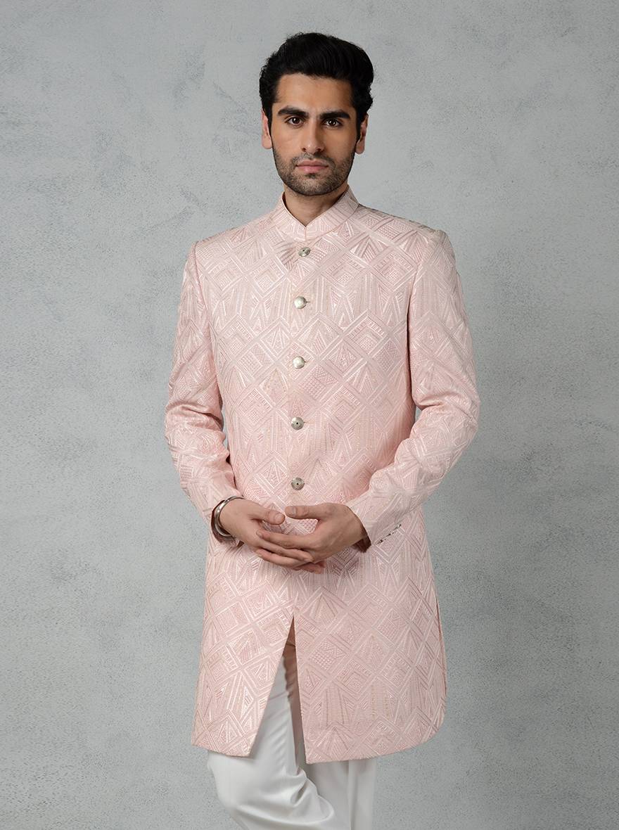Pink Indo-Western for men with geometric embroidery, perfect for ethnic wear and traditional dress.