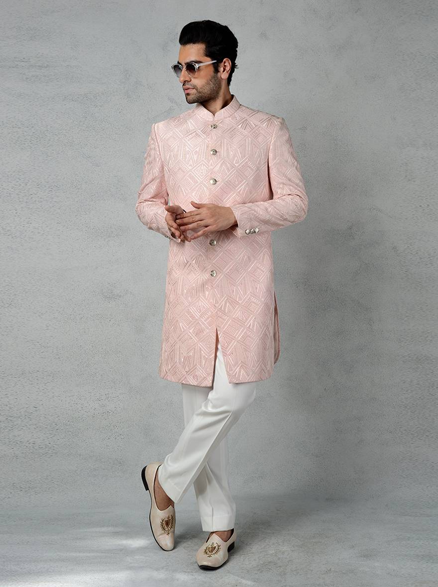 Elegant Indo-Western kurta for men in pink with geometric water sequence embroidery.