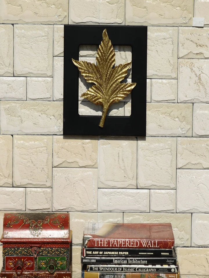Brass Plated Leaf Wall Decor | Hammered Leaf Motif with Wooden Frame
