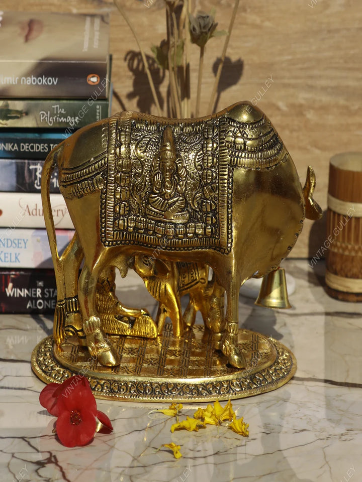 Golden Antique Metal Figurine | Decorative Cow and Calf Idol for Gifting