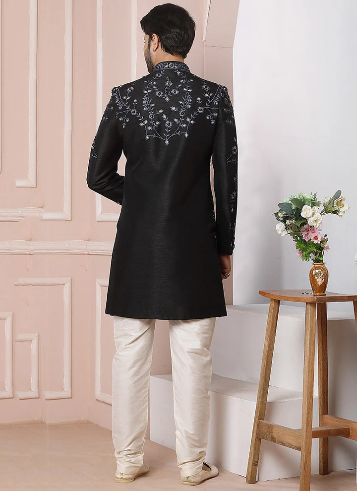 Black Banarasi Silk Sherwani | Designer Embroidery Work for Wedding