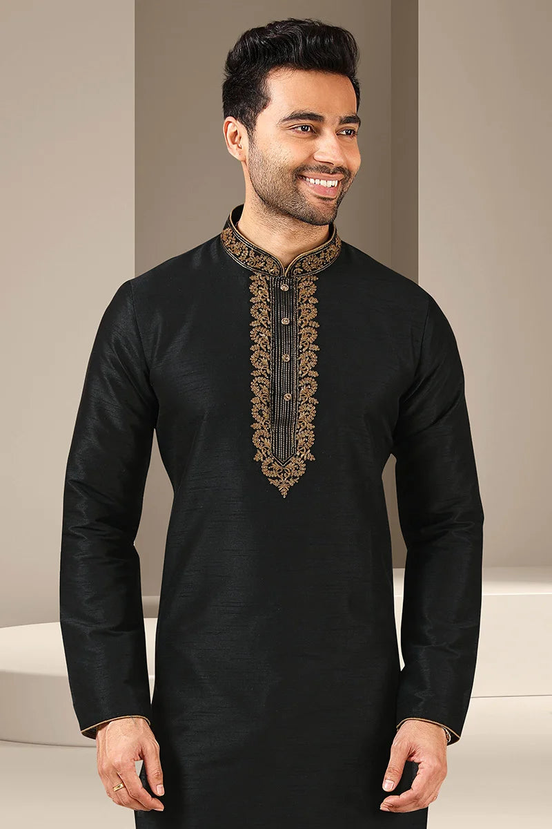 Black Banarasi Silk Kurta Pajama | Mirror Work Perfect for Weddings
