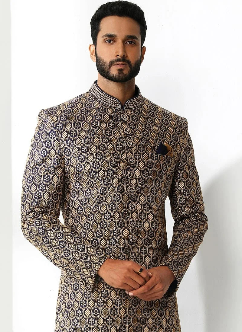 Art Silk Navy Blue Sherwani | Perfect Wedding Wear with Fine Thread Work