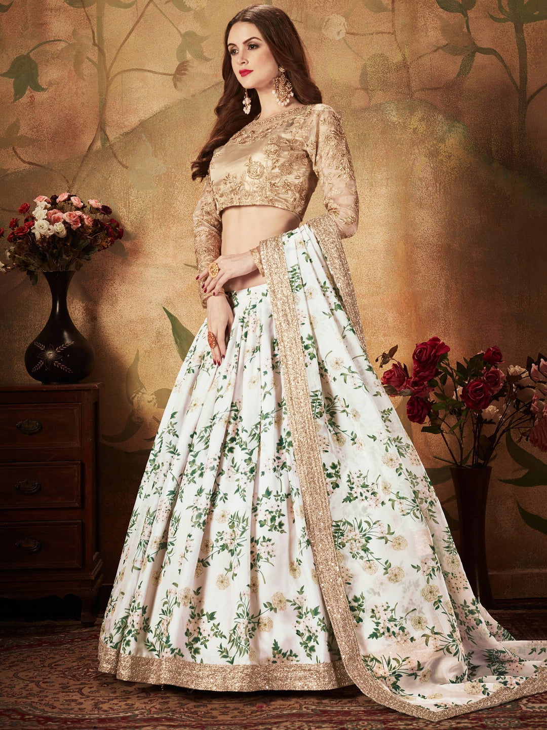 Beautiful Off-White Lehenga | Organza Silk with Lace Border & Dupatta