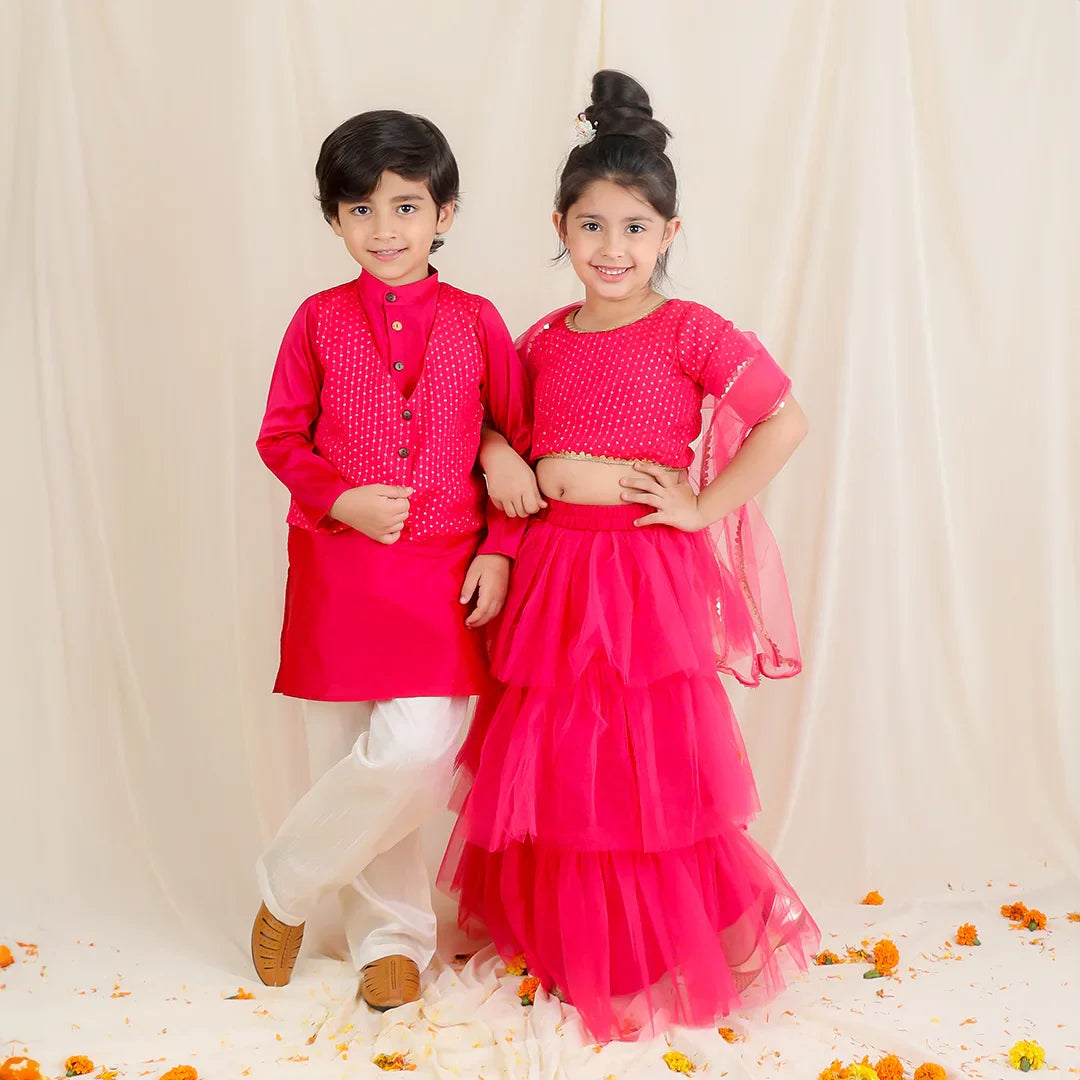 Fuchsia Sequins Lehenga Choli Kurta Pyjama Brother And Sister Twin Set