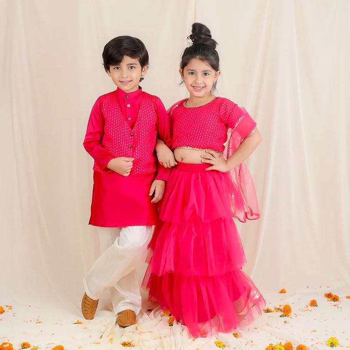 Fuchsia Sequins Lehenga Choli Kurta Pyjama Brother And Sister Twin Set