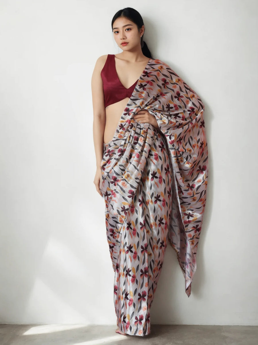 buy Digital Printed Chinon Saree in Off White 