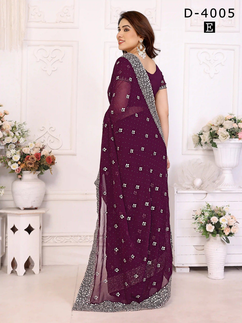 buy Wine Georgette Saree with Zari & Stone Work | Silverbin

