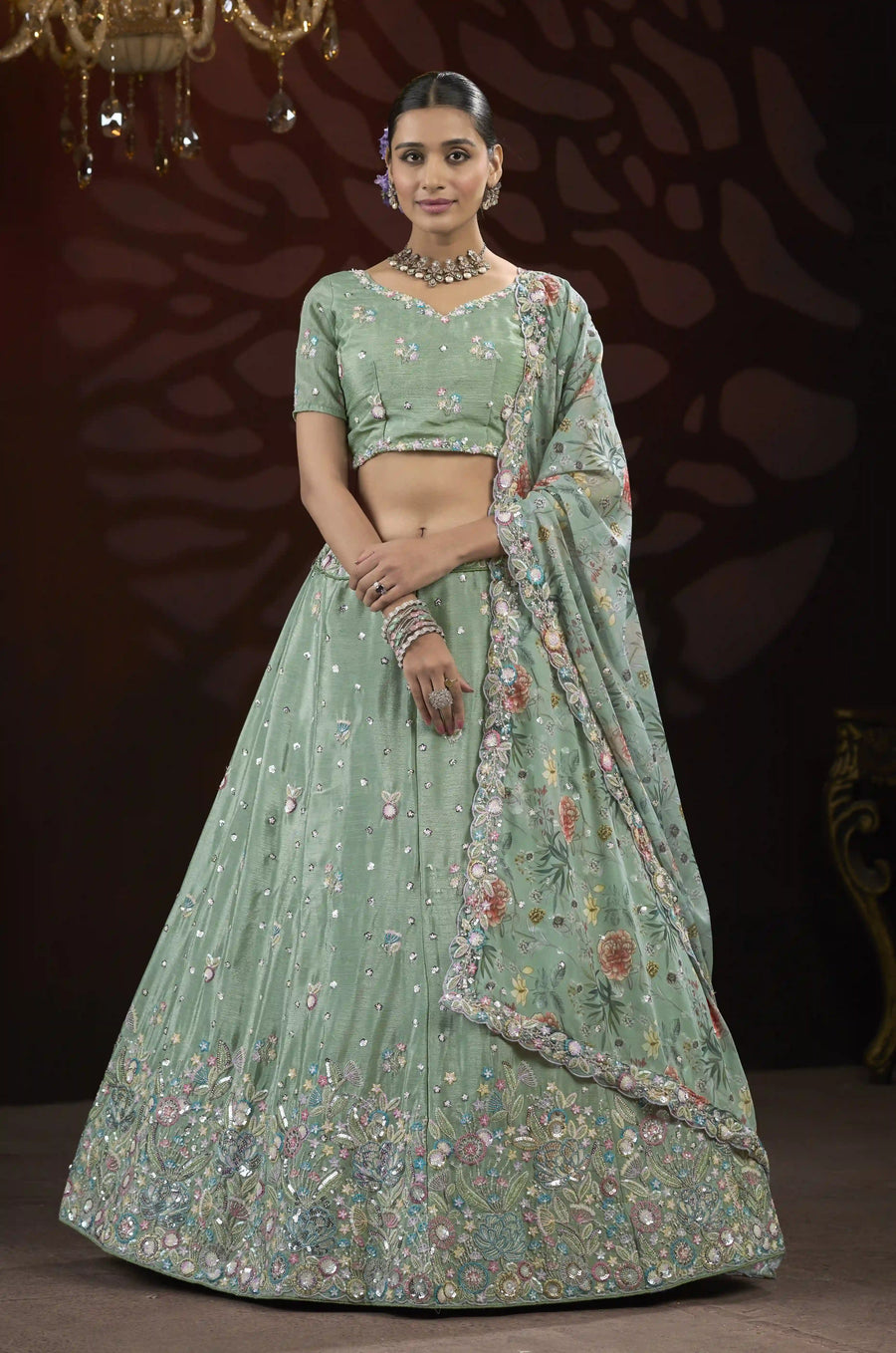 buy chinon lehenga pista green SilverBin

