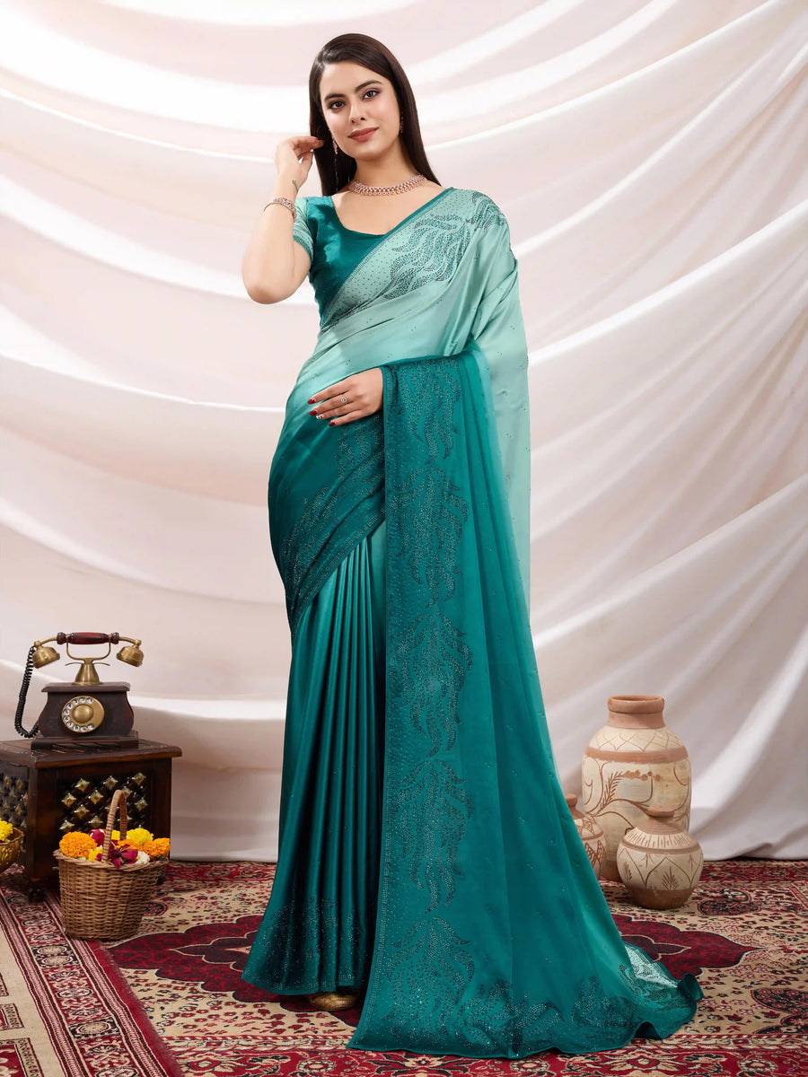buy teal blue satin saree SilverBin