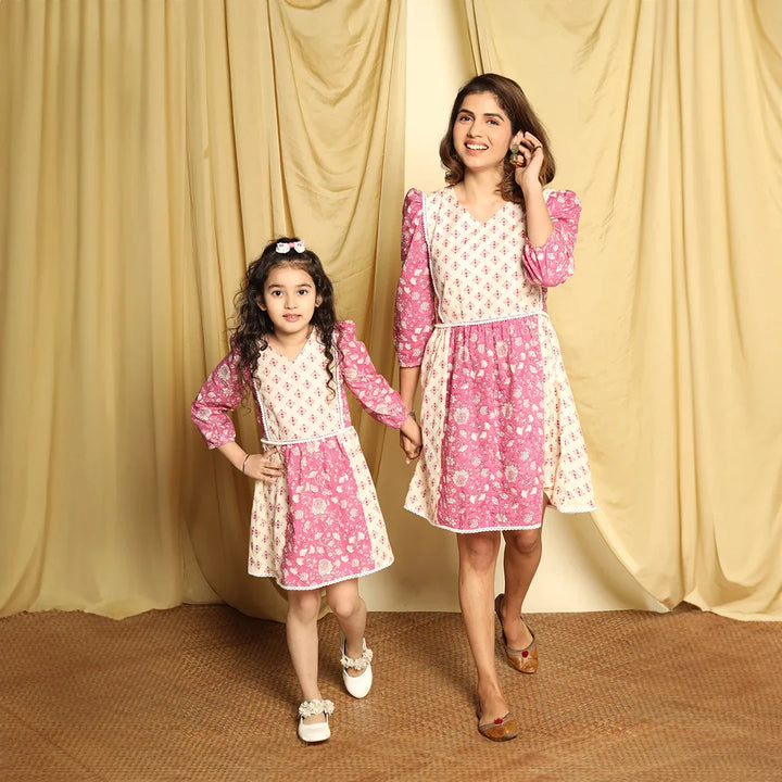 Mom Daughter Duo Rouge And Cream Printed Dress