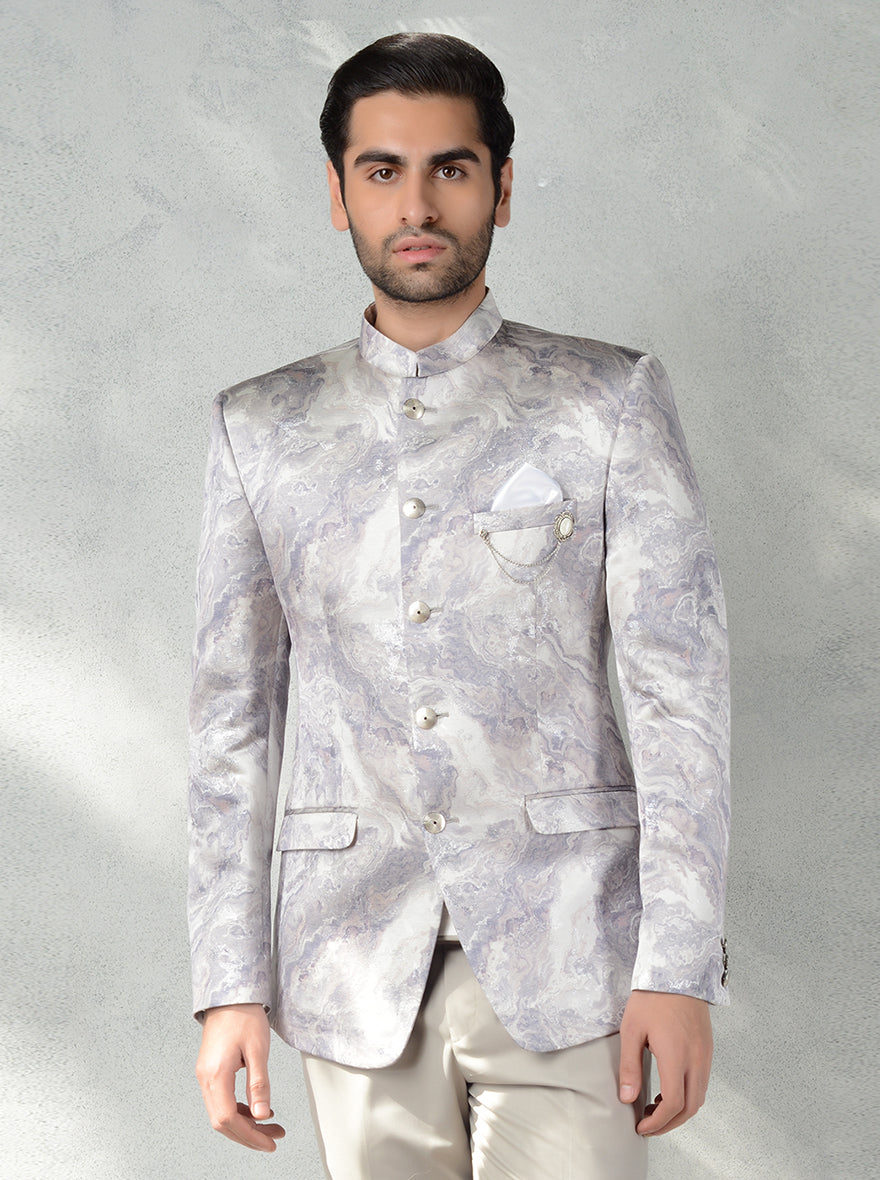 Stylish Grey Jodhpuri Suit with smoke clouds jacquard design and silver brooch.