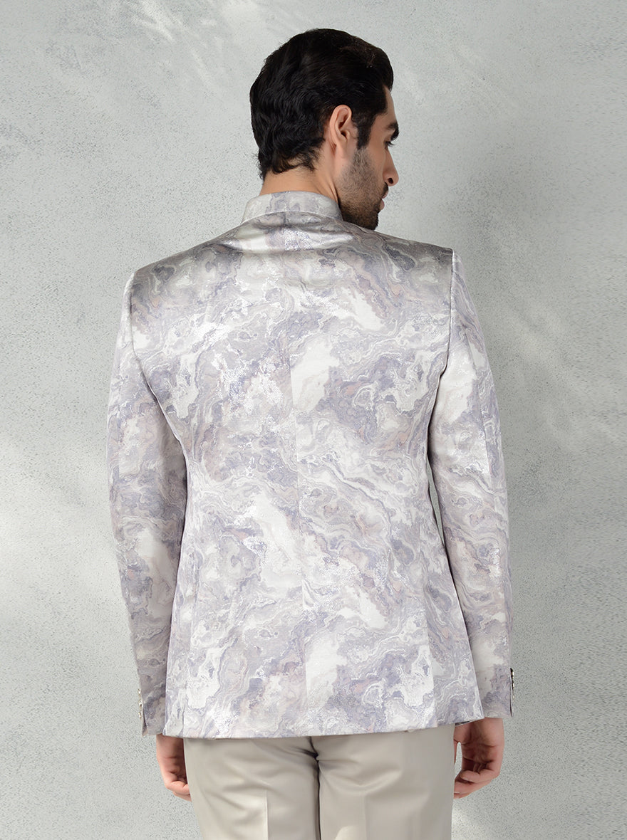 Designer Grey Jodhpuri Suit featuring jacquard fabric and slim fit trousers.