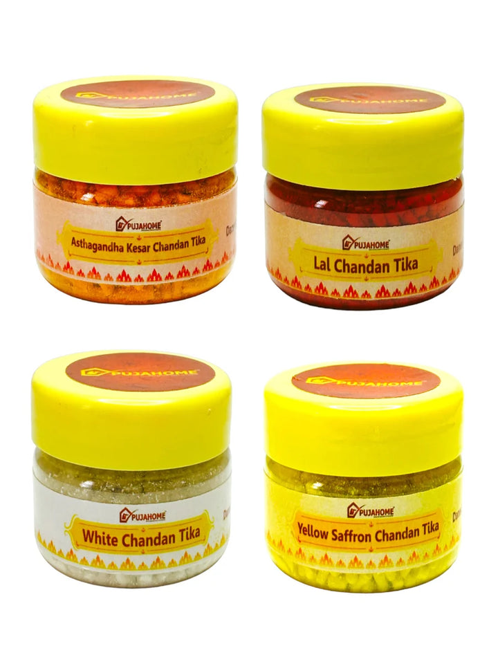 Premium Chandan Tika Danedar Combo | Pack Of 4 X 50 Gram | Red, White, Yellow and Kesar