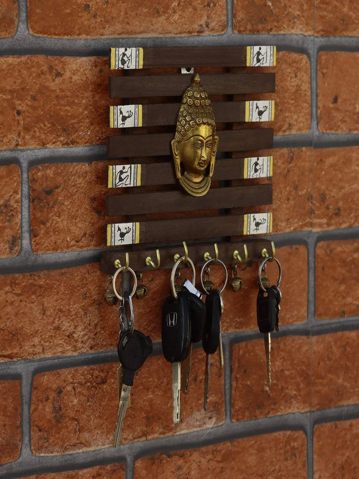 Sheesham Wood Key Holder | Handmade Warli Art Wall Decor with 6 Hooks