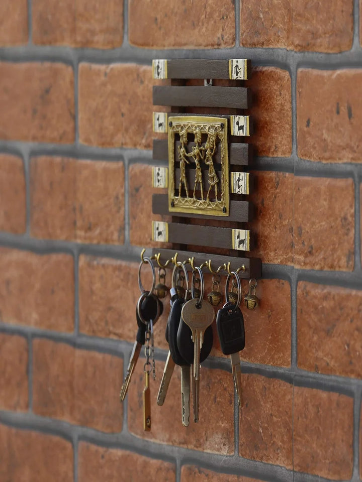 Handmade Sheesham Wood Key Holder | Warli Art 6-Hook Wall Decor