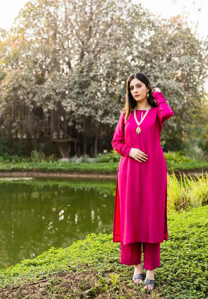 Bright Pink Salwar Kameez | Vibrant Pink with Pearl-Detail Chudidaar Sleeves