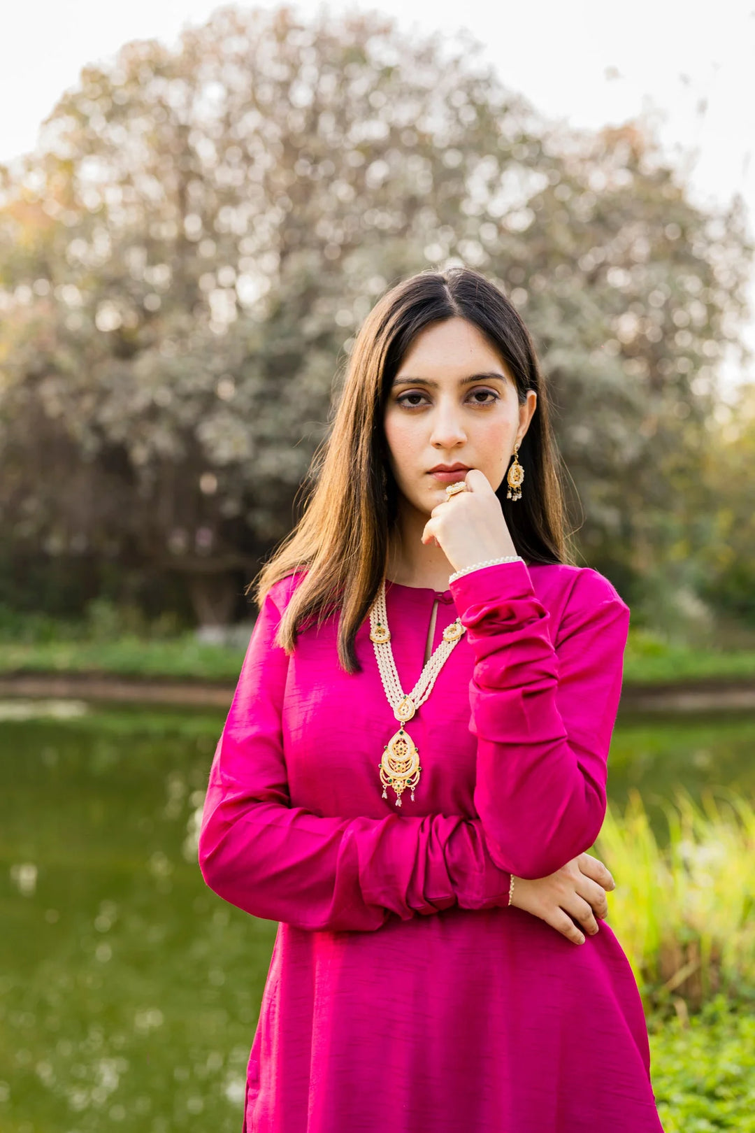 Bright Pink Salwar Kameez | Vibrant Pink with Pearl-Detail Chudidaar Sleeves