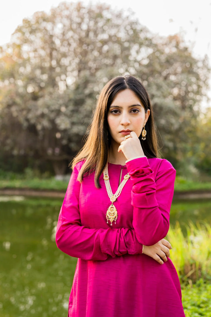Bright Pink Salwar Kameez | Vibrant Pink with Pearl-Detail Chudidaar Sleeves