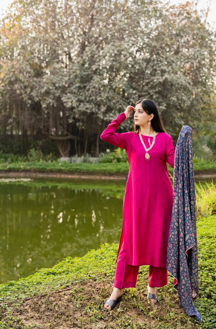 Bright Pink Salwar Kameez | Vibrant Pink with Pearl-Detail Chudidaar Sleeves