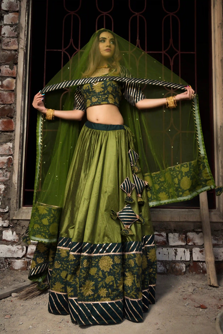 Idika Olive Green Cotton Silk Lehenga Set | Soft Net Dupatta Luxury Wear