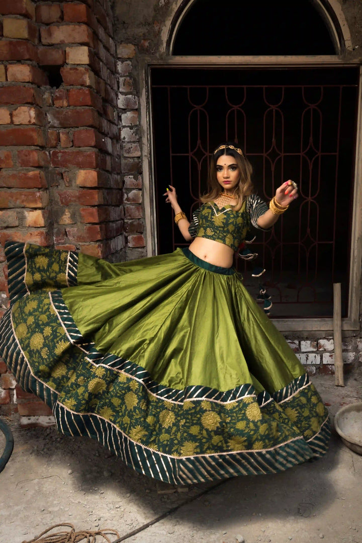 Idika Olive Green Cotton Silk Lehenga Set | Soft Net Dupatta Luxury Wear