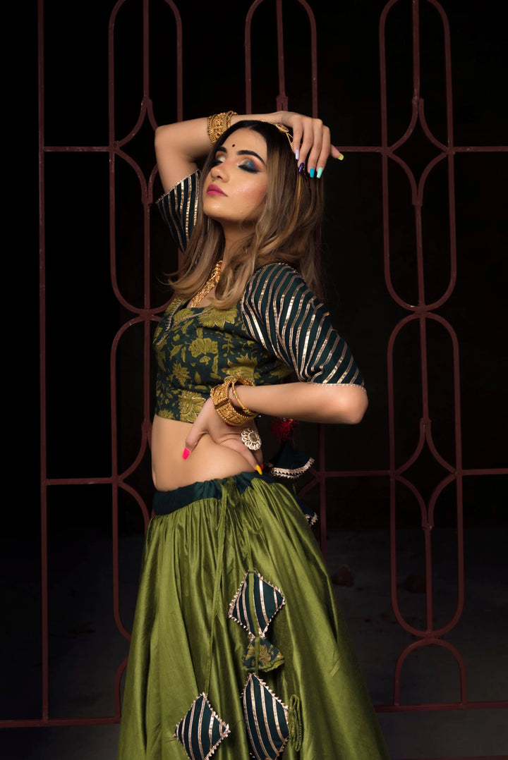 Idika Olive Green Cotton Silk Lehenga Set | Soft Net Dupatta Luxury Wear