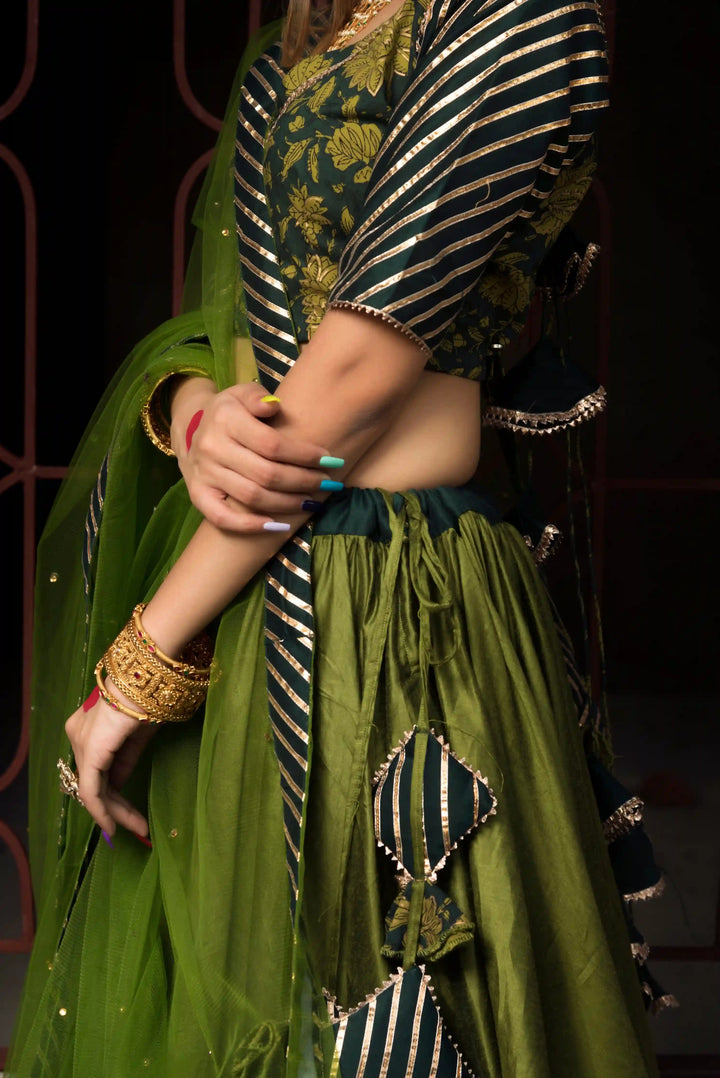 Idika Olive Green Cotton Silk Lehenga Set | Soft Net Dupatta Luxury Wear