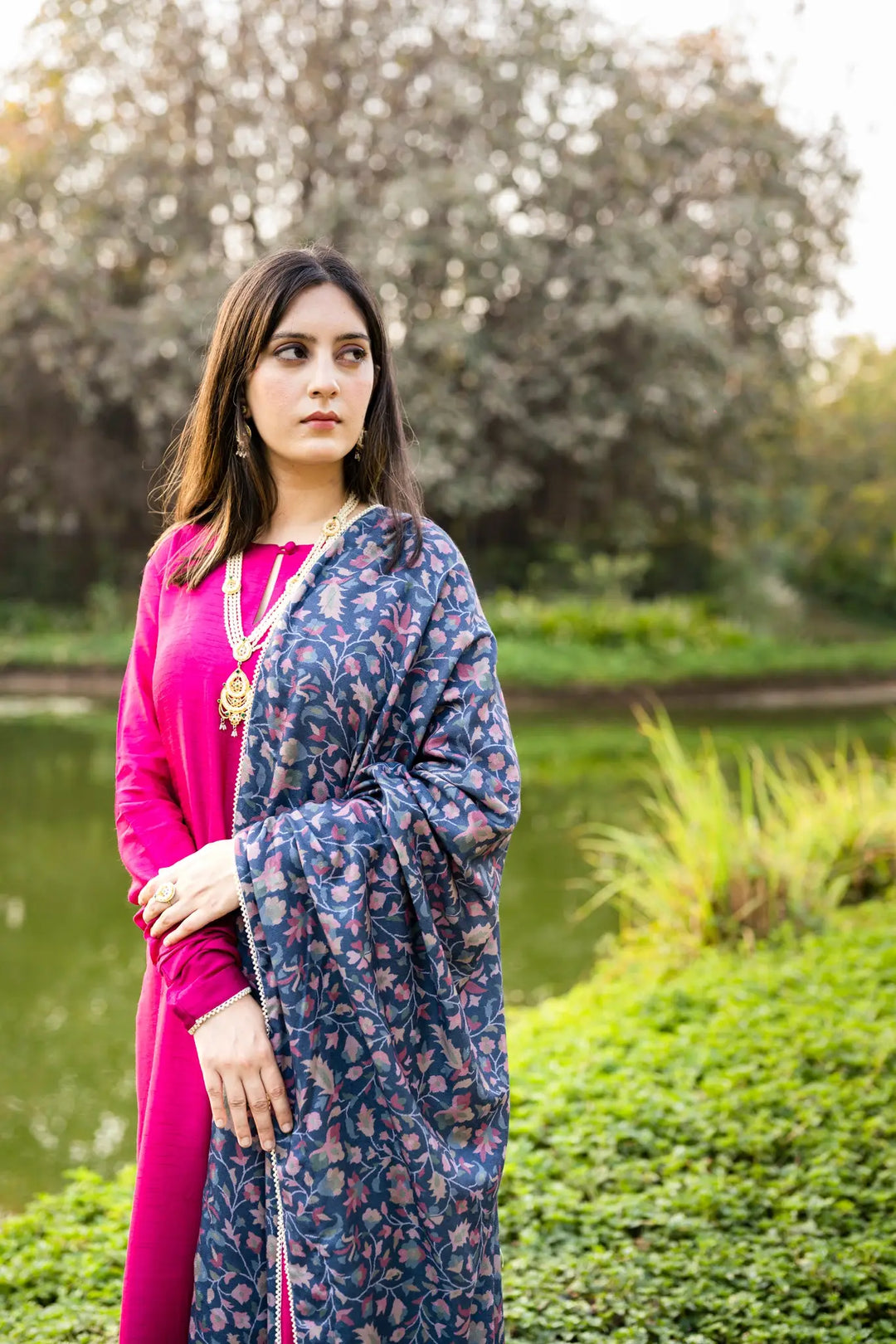 Bright Pink Salwar Kameez | Vibrant Pink with Pearl-Detail Chudidaar Sleeves