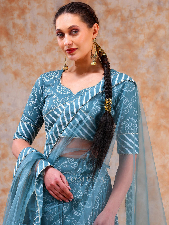 Stylish Powder Light Blue Lehenga Set | Cotton Blouse & Net Dupatta