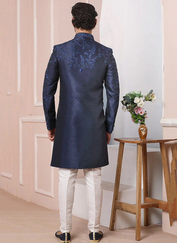 Luxurious Blue Sherwani | Banarasi Silk & Embroidery for Wedding & Party