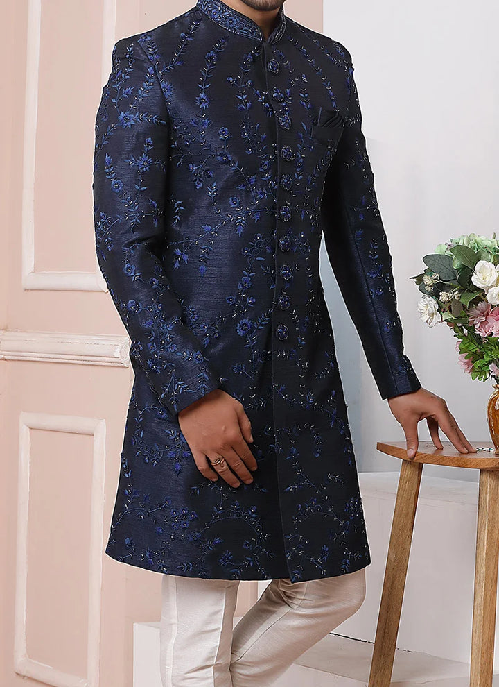 Luxurious Blue Sherwani | Banarasi Silk & Embroidery for Wedding & Party