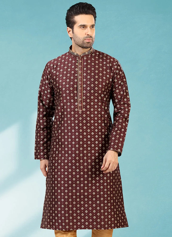 Maroon Jacquard Silk Brocade Kurta Pajama | Fancy Party Wear Outfit