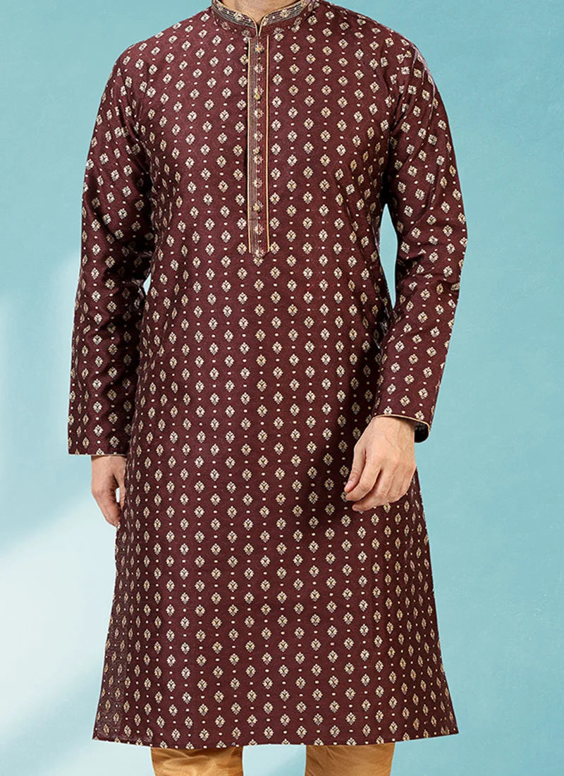 Maroon Jacquard Silk Brocade Kurta Pajama | Fancy Party Wear Outfit