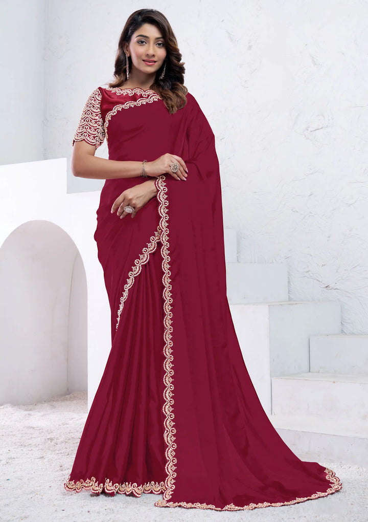 Designer Red Saree | Crepe Silk & Japan Poly Blouse Wedding & Festive